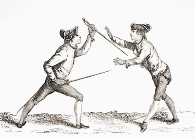 A swordsman disarms his opponent and is in a position to thrust, from 